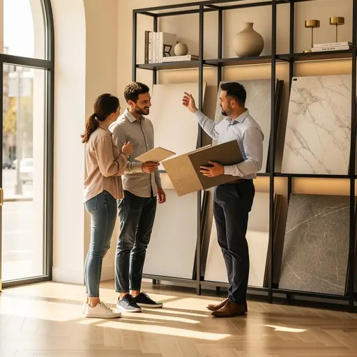 Professional home improvement consultant advising a couple on tile selection in a modern showroom, warm natural light, authentic interaction, realistic materials, contemporary French interior design setting, high resolution photography
