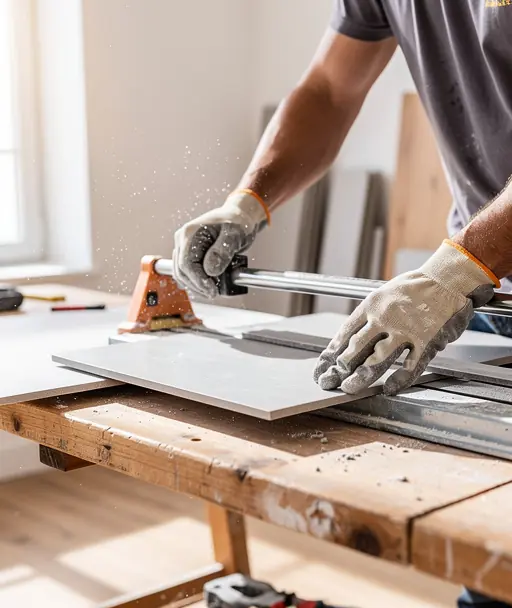 Close-up of a professional craftsman cutting large format tiles on a wooden workbench, warm natural light from a window, realistic textures, modern French home renovation setting, high resolution, authentic lifestyle photography
