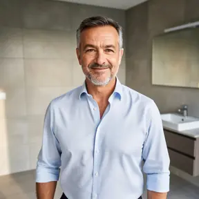 Portrait of a French man in his early 50s, confident and friendly expression, modern bathroom with elegant wall and floor tiles in the background, natural indoor light, realistic editorial style, high resolution
