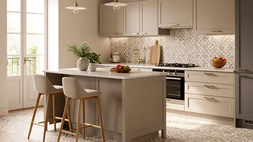 Contemporary kitchen with elegant tiled backsplash and floor, soft natural light, modern French home interior, warm and welcoming atmosphere, high resolution, architectural lifestyle photography
