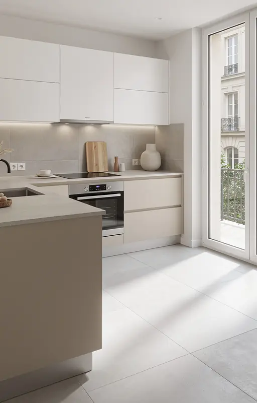 Modern minimalist kitchen with elegant tiled flooring and backsplash, natural light coming from a large window, neutral tones, clean lines, contemporary French home style, realistic materials, high resolution architectural photography
