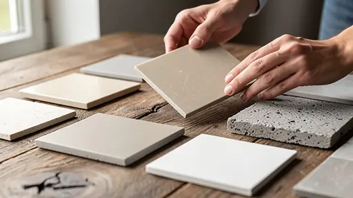 Close-up of hands selecting tile samples and outdoor paving materials on a wooden table, natural light, texture detail, neutral tones, realistic lifestyle photography, high resolution
