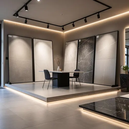 Modern tile showroom interior in France, large format floor and wall tiles displayed, warm lighting, elegant staging, realistic materials, high resolution, professional architectural photography
