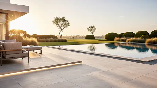 Modern outdoor terrace with large format tiles leading to a contemporary swimming pool, landscaped garden, golden hour lighting, realistic materials, high resolution, wide angle architectural photography
