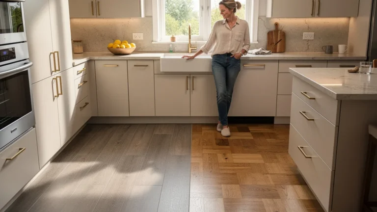 Cuisine avec carrelage imitation parquet et vrai parquet, illustrant un avis tranché sur les deux revêtements
