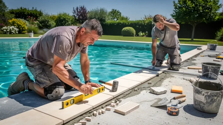 Carreler le bord de la piscine en plein été, avec niveau et pose de carrelage sous forte chaleur
