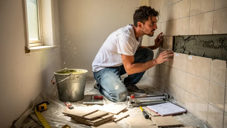 Homme posant lui-même les carreaux dans sa salle de bain, découvrant un problème caché de décollement