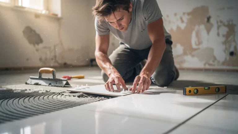 Pose de premier carrelage illustrant la patience avec un apprentissage artisanal détaillé et réaliste