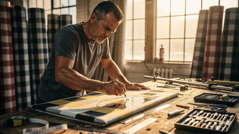 Artisan appliquant un double encollage sur un tissu à grands carreaux pour une tenue parfaite
