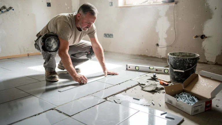 Carreaux posés sans croisillon avec joints irréguliers sur chantier de rénovation, erreur de pose visible