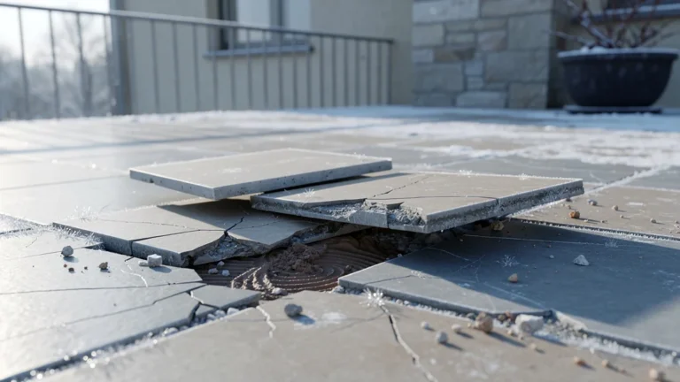 Terrasse avec 4 carreaux décollés au gel et colle ordinaire sous carrelage extérieur