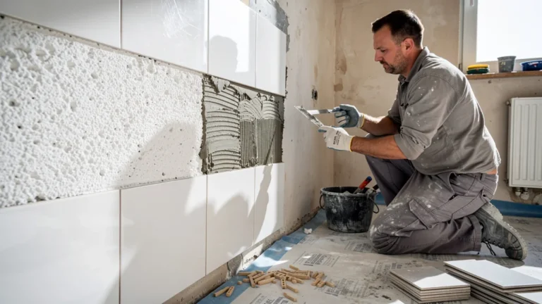Test de colle C2 blanche ou grise sous faïence, photo réaliste d’un chantier sur 8 semaines