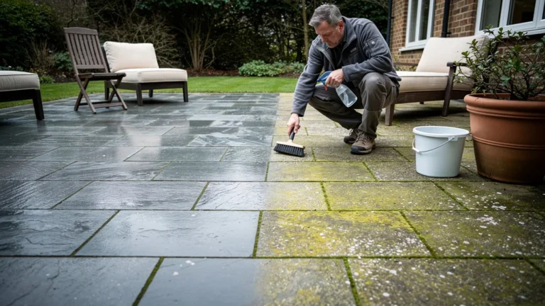 Démoussage pro ou vinaigre blanc sur terrasse nord : comparaison avant-après du nettoyage