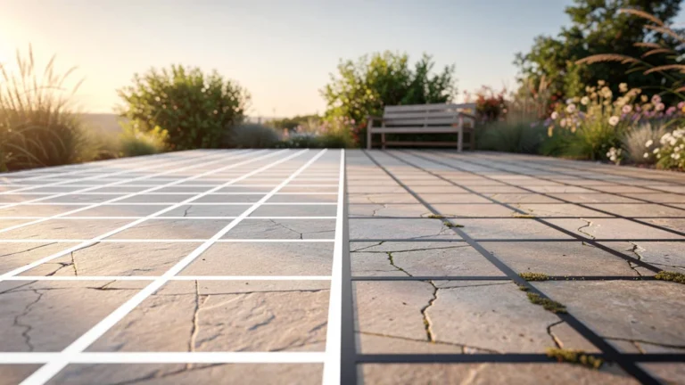 Comparaison réaliste de deux couleurs de joint sur carrelage de terrasse exposée aux intempéries