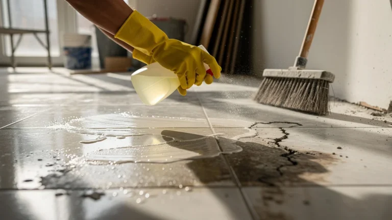 Test d’un nettoyant décapant sur carrelage émaillé très encrassé après chantier, avant et après nettoyage