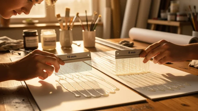 Test comparatif ultra-réaliste peigne à colle 10 mm vs 8 mm sur grand format en atelier d'art