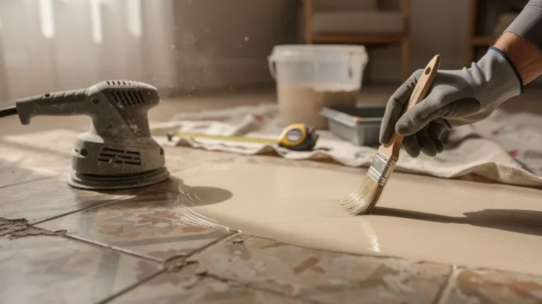 Test de primaire d'accrochage sur ancien carrelage poncé avant repose, rénovation sol maison