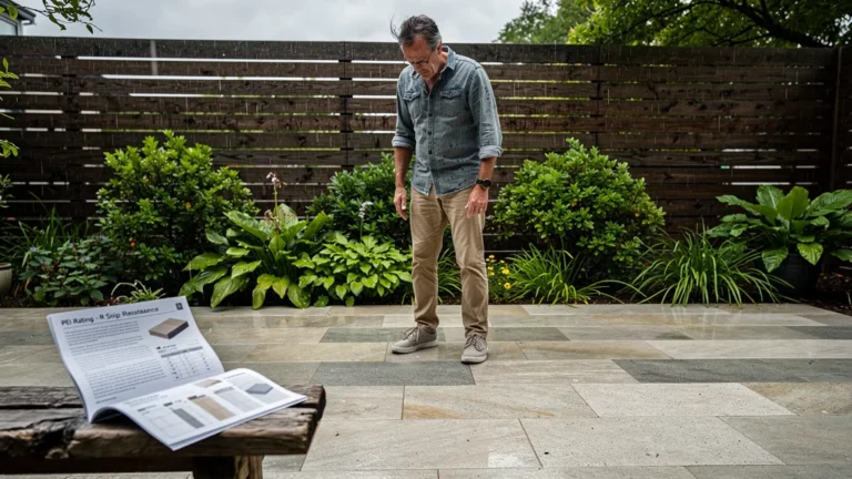 Homme examinant des carreaux extérieurs, illustrant différence classement PEI et norme R pour carrelage extérieur