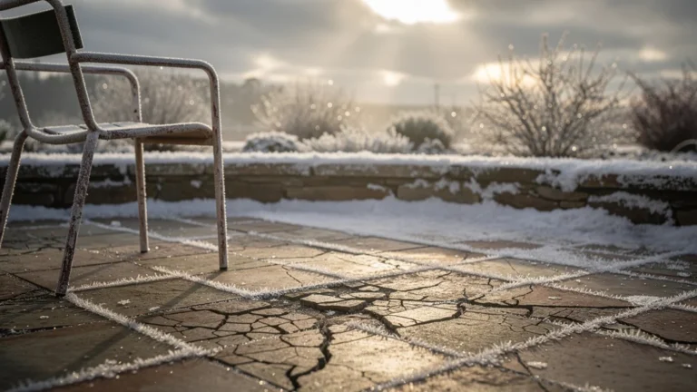 Terrasse extérieure carrelée gelée et fissurée sans classement antigel en hiver froid