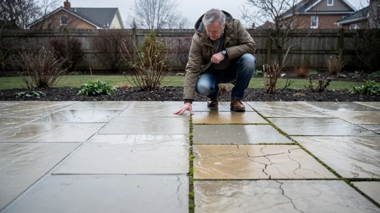 Terrasse extérieure après deux hivers : comparaison entre joint epoxy et joint ciment, avec usure visible