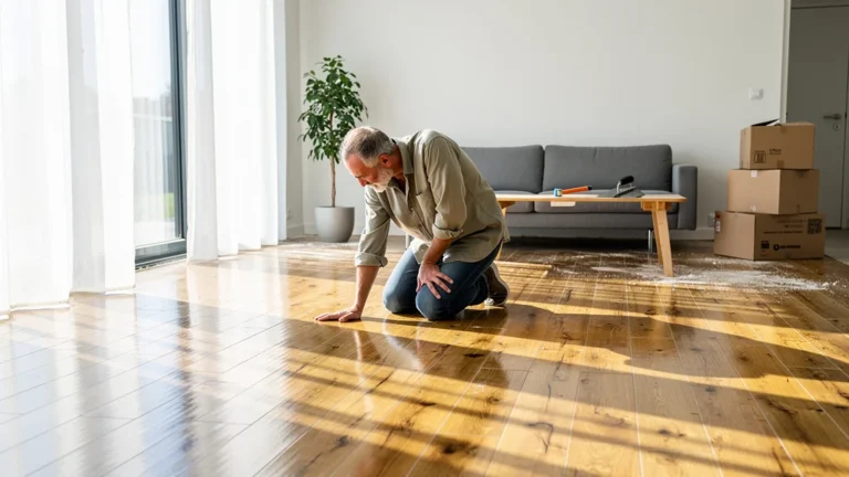 Pose de carrelage imitation bois dans un salon moderne avec lumière naturelle et ambiance chaleureuse