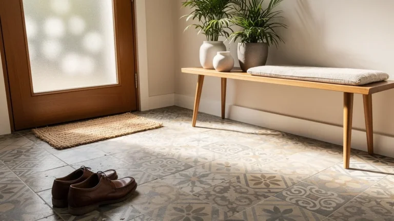 Entrée avec carreaux de ciment vieillissants après trois ans, ambiance chaleureuse et détails réalistes