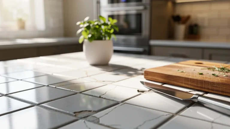 Vue hyper-réaliste des joints époxy usés sur carrelage de cuisine après deux ans d'usage