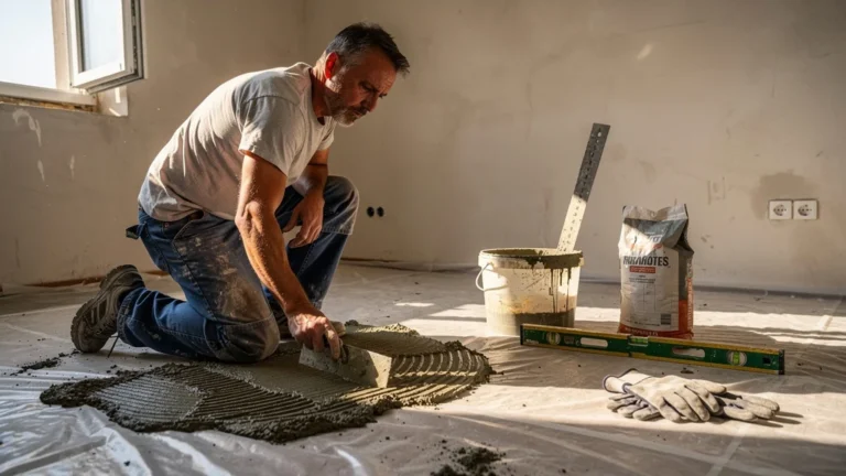 Ragréage qui sèche trop vite sous le soleil dans une pièce en rénovation, avec outils et sol à reprendre le lendemain