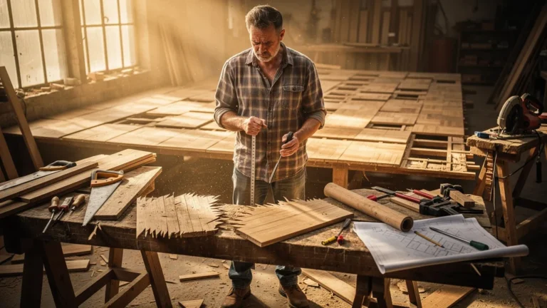 Artisan frustré devant des coupes de bois disgracieuses dues à l'absence de calepinage