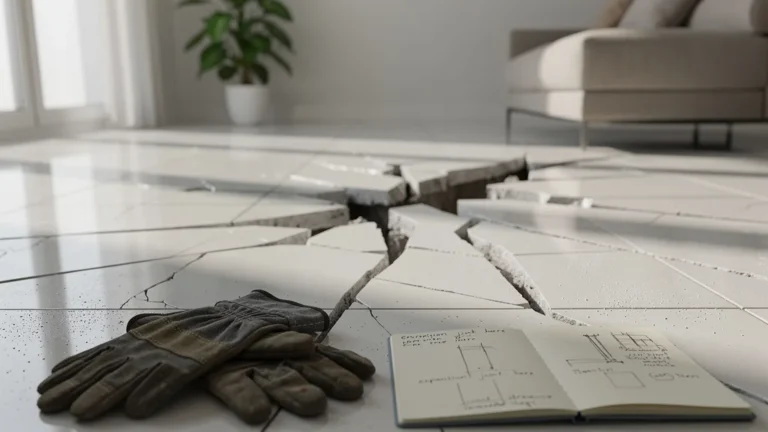 Carrelage fissuré après six mois sans joints de dilatation, illustration réaliste du dommage