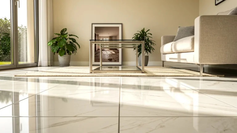 Salon lumineux transformé par le passage d’un lino à un carrelage authentique, gain de luminosité évident