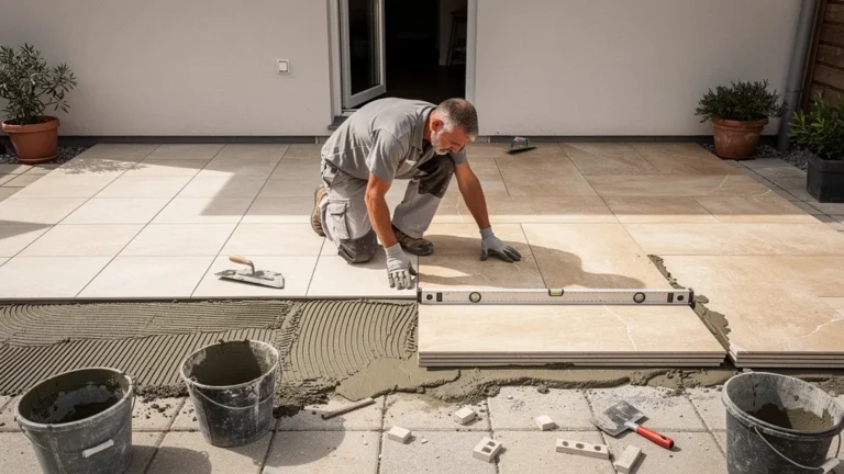 Terrasse 20 m² en pose à la colle et pose scellée, test comparatif en chantier