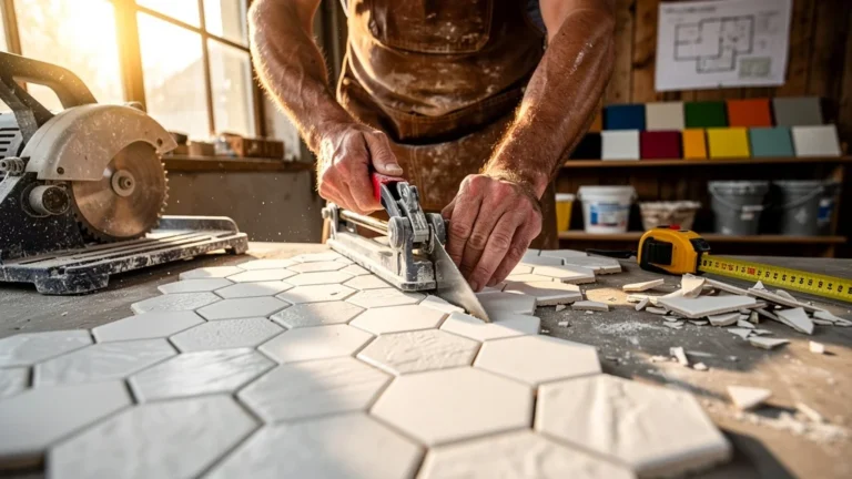 Pose de carrelage hexagonal avec gestion précise des coupes en biais, outils et artisan au travail