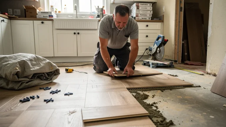 Carrelage imitation parquet dans une cuisine en rénovation, avec erreurs de coupe visibles et outils de pose