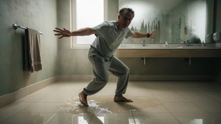 Personne glissant presque sur un carrelage poli dans une pièce humide, décor de salle de bain réaliste