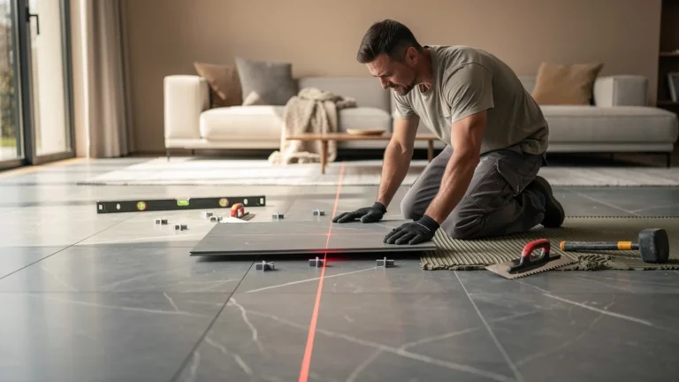 Pose élégante et exigeante de carrelage grand format 120x60 dans un intérieur moderne lumineux