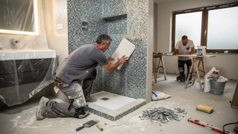Douche italienne en mosaïque 2x2 en rénovation, illustrant les 3 jours de pose sous-estimés