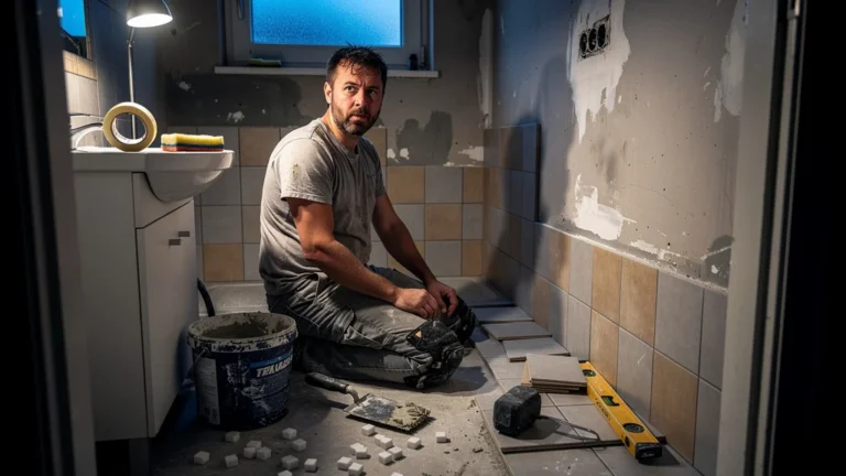 Carrelage de salle de bain refait seul le temps d’un week-end, chantier inachevé et fatigue du bricoleur