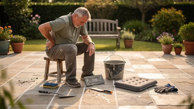 Terrasse refaite un dimanche, homme avec mal de dos et joints rénovés, résultat surprenant