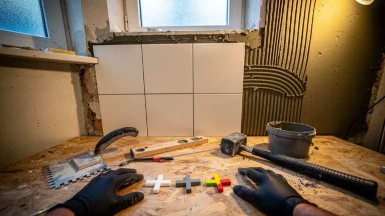 Trois croisillons testés pour un joint net sur un mur de salle de bain voilé en cours de carrelage