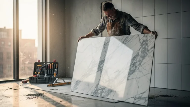 Artisan en difficulté avec un carrelage XXL très lourd dans un intérieur moderne lumineux