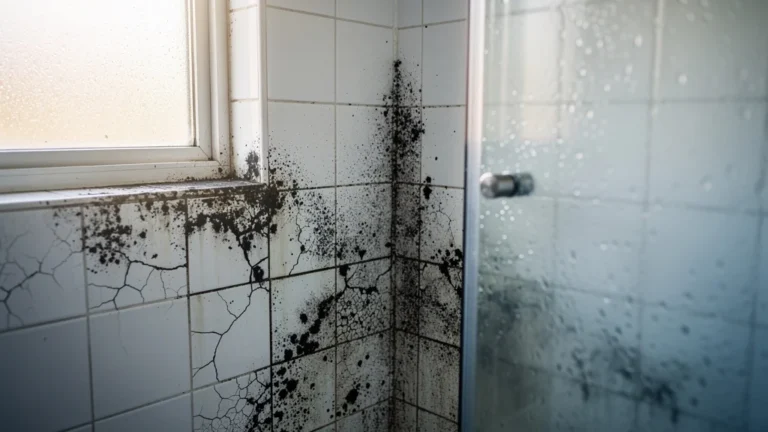 Salle de douche avec joints négligés et taches noires de moisissure visibles sur les carreaux blancs