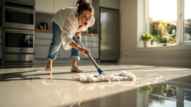 Personne surprise découvrant un carrelage devenu glissant en lavant le sol à la maison