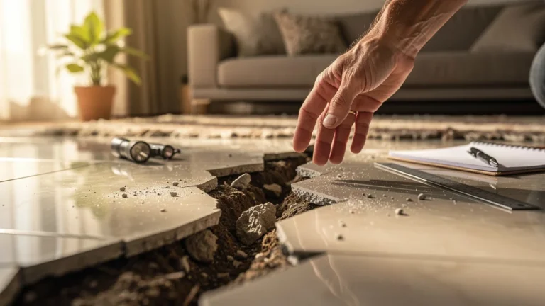 Fissure dans un carrelage révélant un sol qui bouge, image hyper-réaliste pour article réparation sol