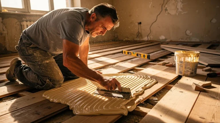 Sol non plan avec excès de colle posée, montrant les difficultés dues à un sol irrégulier en rénovation