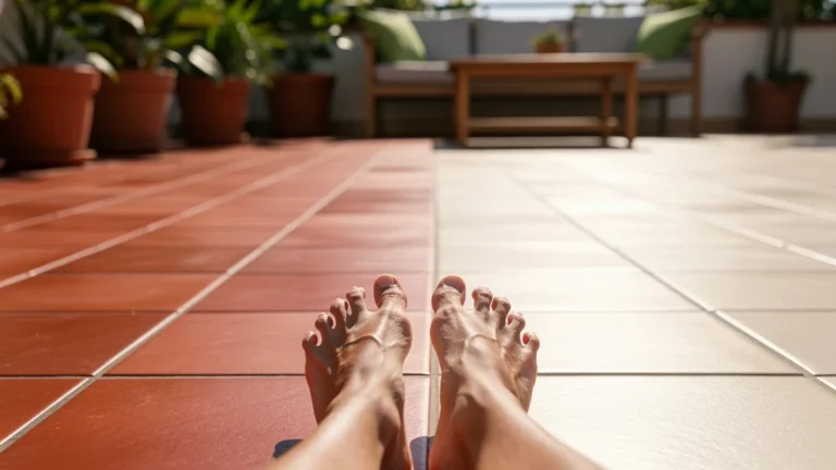 Terrasse carrelée avant-après changement de teinte, expérience pieds nus au toucher, sol moins chaud