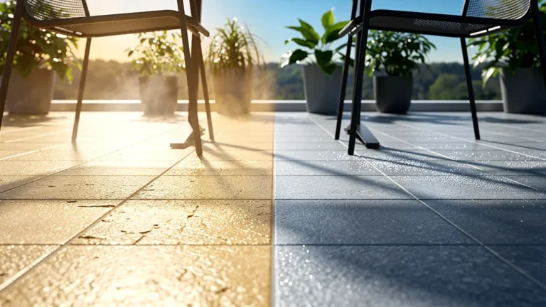 Comparaison de deux teintes de carrelage chauffées au soleil sur une terrasse en extérieur