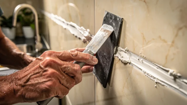 Homme refaisant un joint de carrelage sur 50 cm avec soin, rénovation précise et détaillée