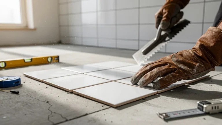 Pose à blanc de dix carreaux avant collage pour caler le calepinage, préparation de carrelage professionnelle