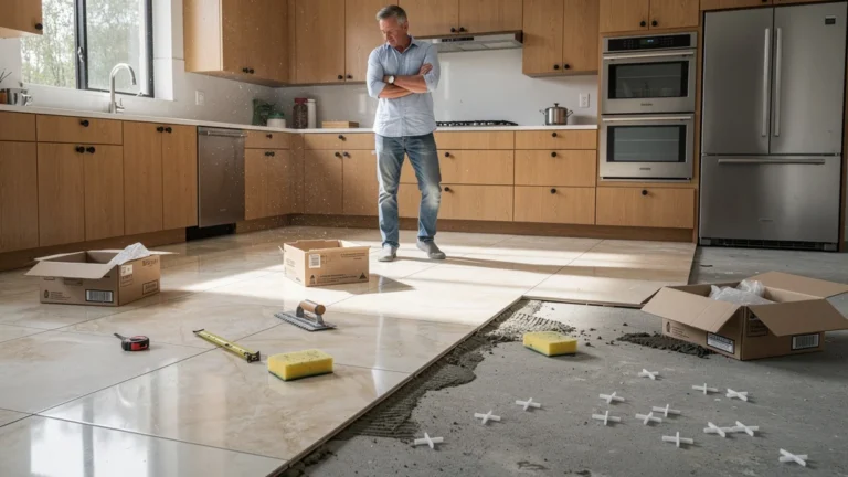 Sol de cuisine partiellement carrelé avec des carreaux manquants, soulignant l'importance d'acheter 10 % de carreaux en plus
